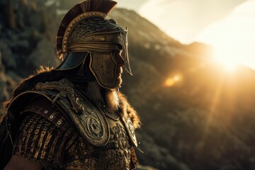 The Alps Conquest: Cinematic Scene of Hannibal Barca, Carthaginian General in His Thirties, Astride an Elephant, Surveying the Harsh Mountain Sunlight with Sun Flare, Signifying Audacity and Strategic - obrazy, fototapety, plakaty