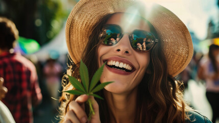 Portrait of smiling young woman with cannabis leaf at music festival in city