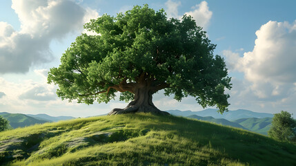 An ancient thousand-year-old oak tree on top of a hill in a green meadow
