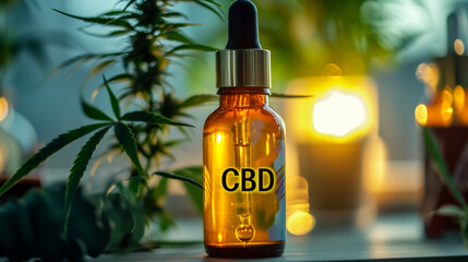 Cannabis CBD oil in a glass bottle. Cannabis extract. Medicinal indica with CBD.