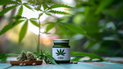 Cannabis CBD oil in a bottle with marijuana leaves and seeds on a wooden table with a blurred background
