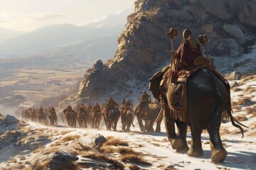 Fototapeta premium The Alps Conquest: Cinematic Scene of Hannibal Barca, Carthaginian General in His Thirties, Astride an Elephant, Surveying the Harsh Mountain Sunlight with Sun Flare, Signifying Audacity and Strategic