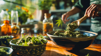 Cannabis buds in a bowl on the table in the kitchen - obrazy, fototapety, plakaty