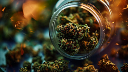 Cannabis buds in a glass jar. Close-up. - obrazy, fototapety, plakaty