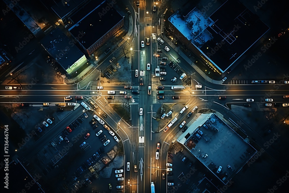 Wall mural vibrant city intersection at night with bright lights and busy traffic in aerial view - Wall murals