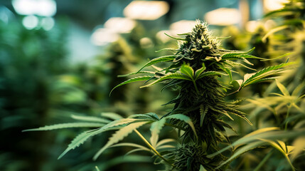 Cannabis background. Green leaves of marijuana. Cannabis grow operation. Legal Marijuana cultivation