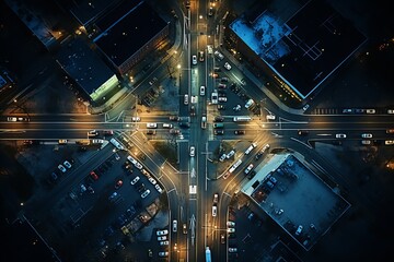 Vibrant city intersection at night with bright lights and busy traffic in aerial view - Powered by Adobe