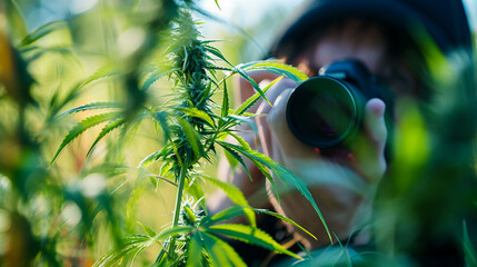 Young woman photographer with a camera takes pictures of cannabis leaves in the field