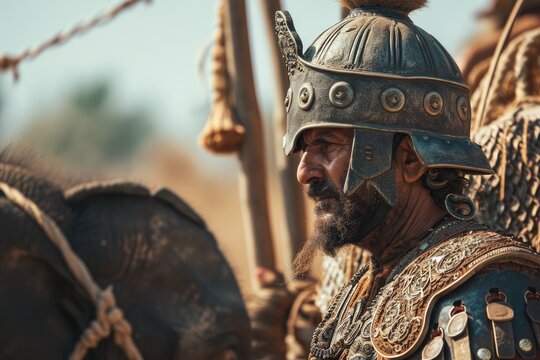 The Alps Conquest: Cinematic Scene of Hannibal Barca, Carthaginian General in His Thirties, Astride an Elephant, Surveying the Harsh Mountain Sunlight with Sun Flare, Signifying Audacity and Strategic