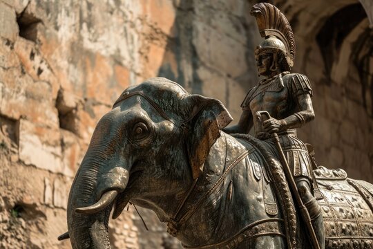 The Alps Conquest: Cinematic Scene of Hannibal Barca, Carthaginian General in His Thirties, Astride an Elephant, Surveying the Harsh Mountain Sunlight with Sun Flare, Signifying Audacity and Strategic