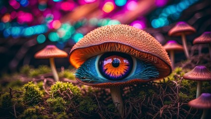 creatures that resemble monster Psychedelic mushroom trippy with neon colors with big eyes