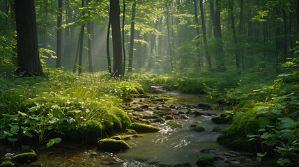 A luz do sol passa através do dossel denso da floresta projetando sombras manchadas no chão coberto de musgo  Um riacho suave serpenteia pela floresta suas águas claras cintilando na luz suave