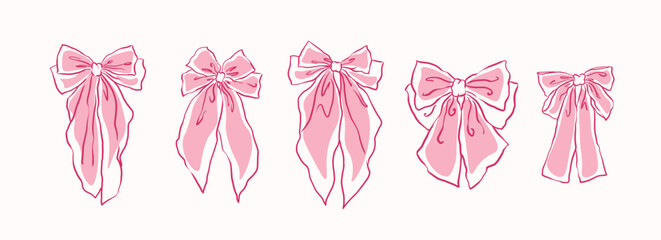 Hand drawn pink bow of coquette soft style. Cute pink bow vector - obrazy, fototapety, plakaty