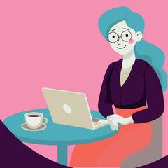 Fototapeta na wymiar Vector flat illustration, business woman sitting at a round table with cup of coffee and laptop, remote work, freelancer, online business. Bright colors, pink background, long blue hair, round glasses