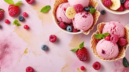 Delicious and colorful Gelato background adorned with sweet and fresh toppings, offering ample space for text