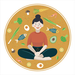 Vector illustration of a woman sitting cross-legged in meditation pose, surrounded by symbols of healthy food, longevity and keto-diet: avocado, leek, fish, shrimp, seafood, lemon, broccoli, mushrooms