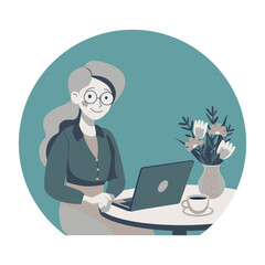 Fototapeta na wymiar Vector illustration of a woman with long hair and round glasses, working on a laptop at a round table, a glass vase with flowers and a cup of aromatic coffee or tea. Blue, green, turquoise and gray
