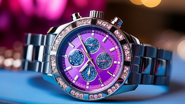 Stylish and sparkling wristwatch with vibrant colors and intricate details in close up shot