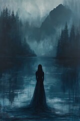 woman long dress standing lake eerie atmosphere album cover blue fog forests surrounding tears rain time die moonlit night icy river frostbite grief
