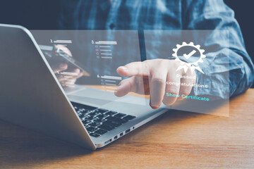 businessman Take an assessment for certificate, questionnaire, evaluation, online survey exam Choosing the right answer in the exam, filling out an online survey form. Answer the test questions.