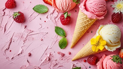 Delicious and colorful Gelato background adorned with sweet and fresh toppings, offering ample space for text