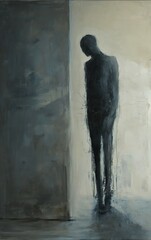 man standing doorway shadow anxiety environment alone highly conceptual figurative oil humanoid creature fading away here thin line feelings guilt