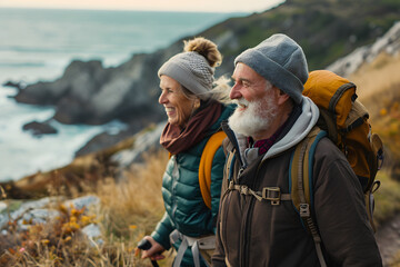 senior couple hiking near ocean - obrazy, fototapety, plakaty