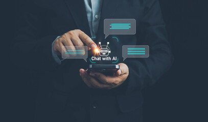 Ai technology, businessman show virtual graphic Global Internet connect Chat with AI, Artificial Intelligence. AI, using command prompt for generates something, Futuristic technology transformation.