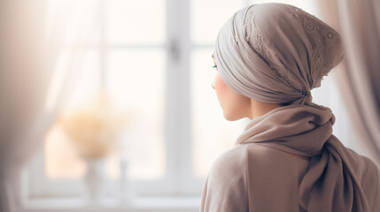 Photo from behind of beautiful young woman with turban for cancer day. World cancer day. Space for text. Generate AI