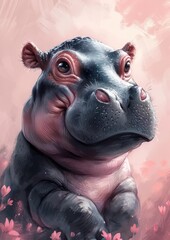 An adorable baby hippo cartoon style illustration with plain background. 
