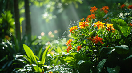 Raios de sol filtram através do exuberante dossel verde de um sereno jardim botânico lançando sombras pintalgadas na vibrante variedade de plantas e flores - obrazy, fototapety, plakaty