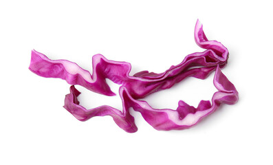 Pieces of shredded red cabbage isolated on white, top view