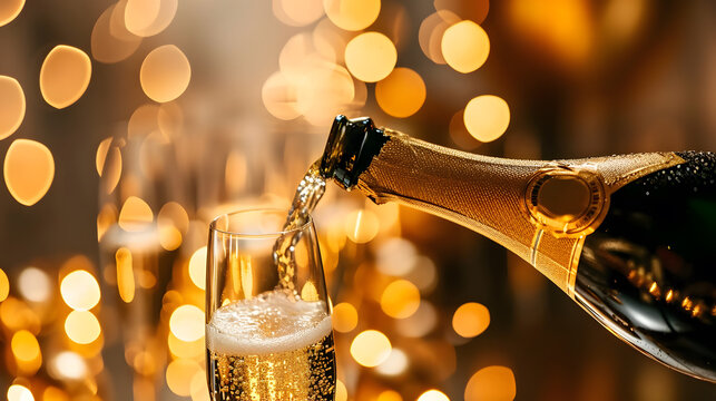 Celebration theme with champagne poured into glass. Christmas, New Year or Valentines day background.