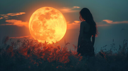 a beautiful woman silhouette in front of huge moon. AI generative