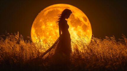 a beautiful woman silhouette in front of huge moon. AI generative - obrazy, fototapety, plakaty