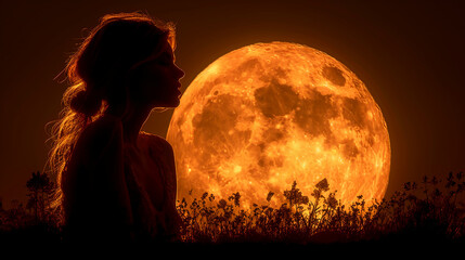 a beautiful woman silhouette in front of huge moon. AI generative