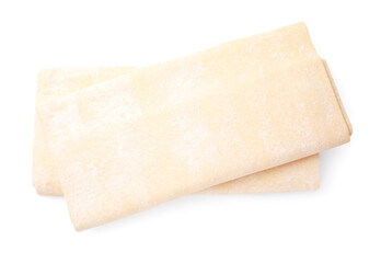 Raw puff pastry dough isolated on white, top view