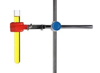 Retort stand with test tube of yellow liquid isolated on white