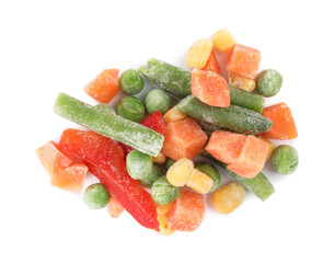 Mix of different frozen vegetables isolated on white, top view