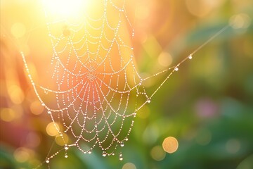 Close up of intricate spider s web glistening with vibrant dewdrops, illuminated by bright sunlight.