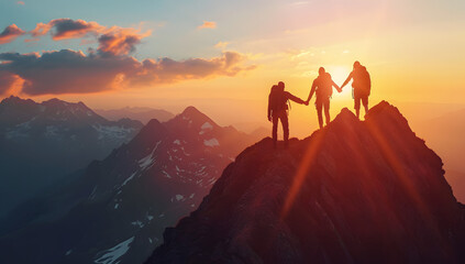 mountain climbing couples handing each other to reach peak during sunset