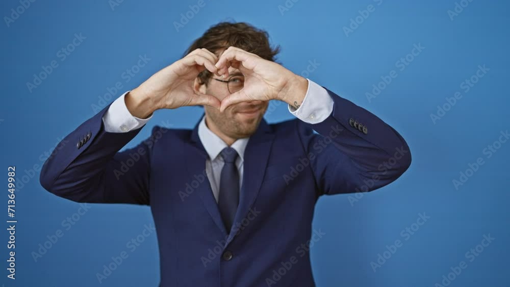 Canvas Prints Cheerful young man in business suit, fondly creating a heart shape sign with his fingers, joyfully peers through it against the isolated blue background.