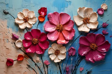 flowers blue surface rust plaster materials painted pink gold color textured plastic clay