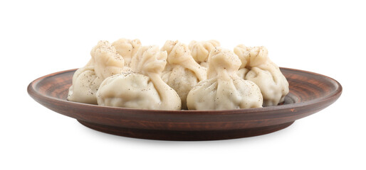 Plate with tasty fresh khinkali (dumplings) and spices isolated on white. Georgian cuisine