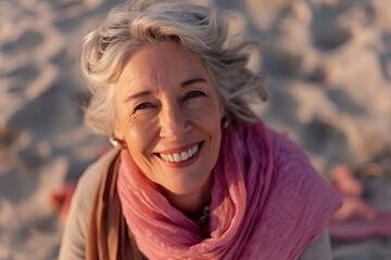 smile older women woman with pink scarf walking on beach at sunset 