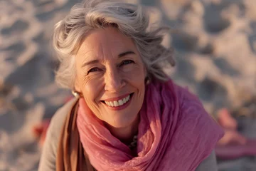 Fototapeten smile older women woman with pink scarf walking on beach at sunset  © Yi_Studio