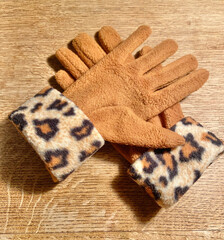 Ein Paar Handschuhe auf Holz 