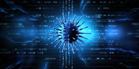 Fototapeta premium Background with a code on a blue background and a virus warning. System hacking, Cyber security and cybercrime