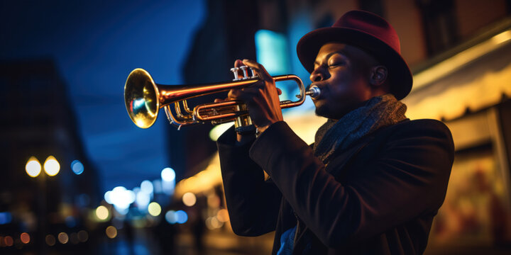 A trumpet player wearing a hat and playing a trumpet in a street at night