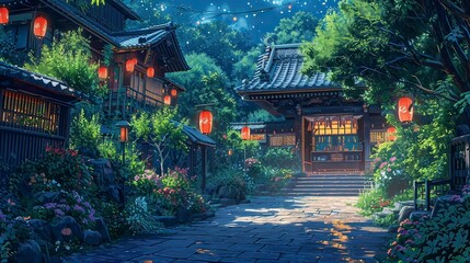 garden at night, beautiful anime room background, japan room generative AI